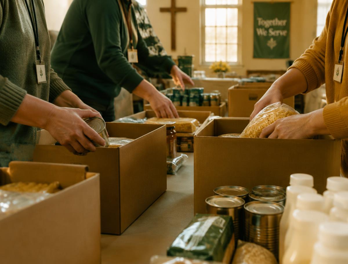 Volunteers packing boxes of essential supplies together